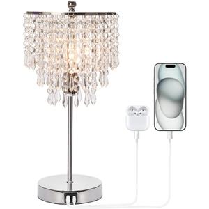 Touch Control Crystal Table Lamp with USB C+A Charging Ports, 3-Way Dimmable Bedside Touch Lamp Decorative Nightstand Lamp with Elegant Lampshade for Living Room Bedroom, B11 LED Bulb Included (Silver)