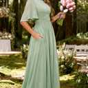 Long Bridesmaid Dresses with Sleeves A Line Chiffon Ruched Modest Formal Evening Dress Size 14