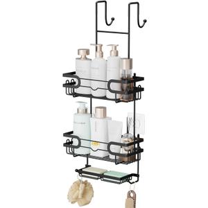 SWTYMIKI Over the Door Shower Caddy Hanging with Double Soap Holder, Hanging Shower Organizer with 16 Hooks, No Drilling Shower Shelves Over Door, Bathroom Rack and Storage, Black