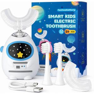 Kids U-Shaped Electric Toothbrush, Voice Guidance & Music Guided Brushing, 4 Brush Heads, 3 Modes, 360 Gentle Silicone, Type-C Charging, for Ages 3-12 (Heroic White)