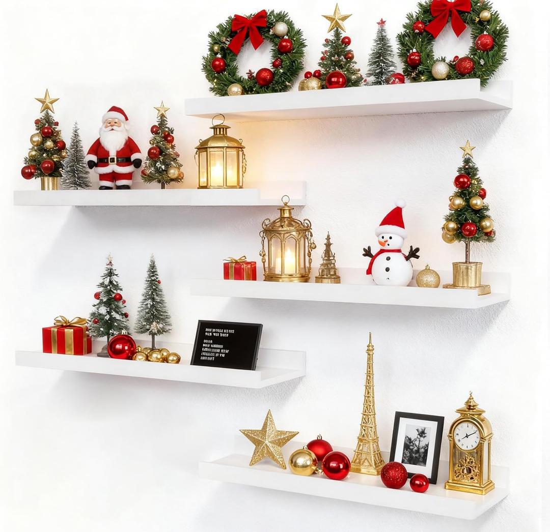 RICHER HOUSE 5 Set White Floating Shelves, Wall Mounted Shelves for Wall Decor, Modern Picture Ledge Shelf with Lip for Storage Nursery, Bedroom, Living Room, Bathroom - White