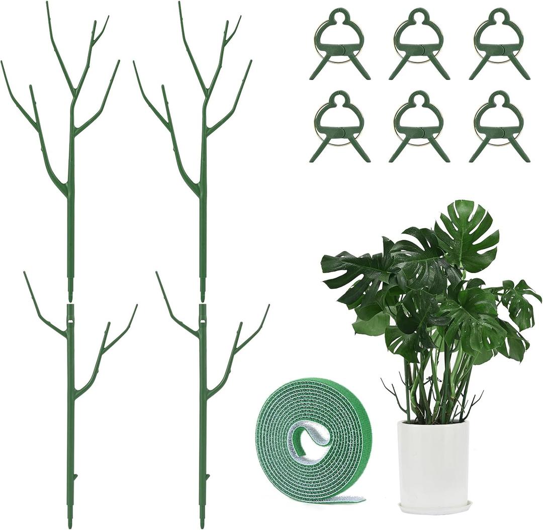 Yhtpouqe 4 Pack Plant Support Stakes, Plant Stakes for Indoor and Outdoor Plants. 28inch Plant Sticks with Extension Poles, Plant Clips, Plant Ties for Potted Monstera Plants, Climbing Plants (Green)