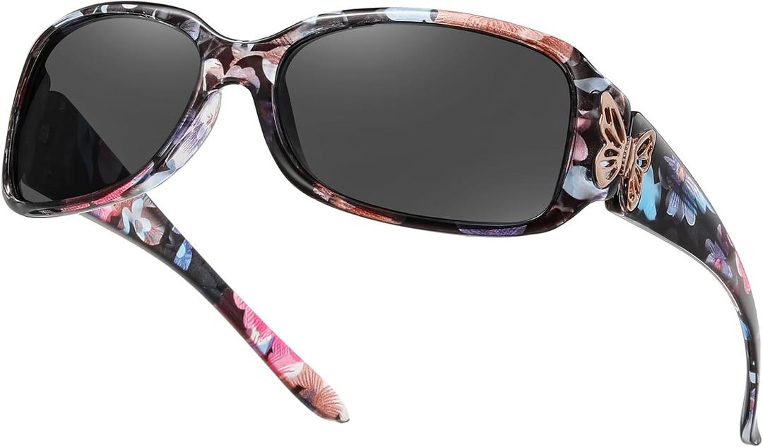 HAOLOTA Women's Polarized Sunglasses - Fashionable Wraparound Butterfly Design with UV400 Protection (A02 Flower Frame/Grey Lens)