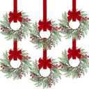 Sggvecsy 6 Pcs Christmas Mini Cabinet Wreaths Norfolk Pine Wreath with Ribbon Bows Red Berry Artificial Small Kitchen Wreath for Window Front Door Farmhouse Wall Pillars Xmas Decorations