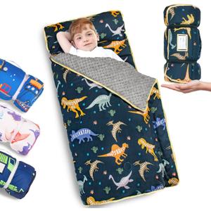 Primlect Thickened Toddler Nap Mat with Removable Pillow and Minky Blanket, Extra Large 55''x35'' Sleeping Bag, Washable, Roll up, Perfect for Daycare, Preschool, Kindergarten, Boys and Girls Dinosaur