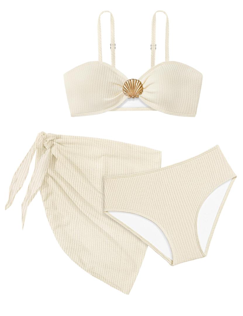 ADIFUN Girls Bathing Suits Size 7-8 Girl Swimsuit Size 8 Seashell Bikini with Cover Up Skirts 3 Piece Set Kids Girls Swimwear Set Beige Swim Suits