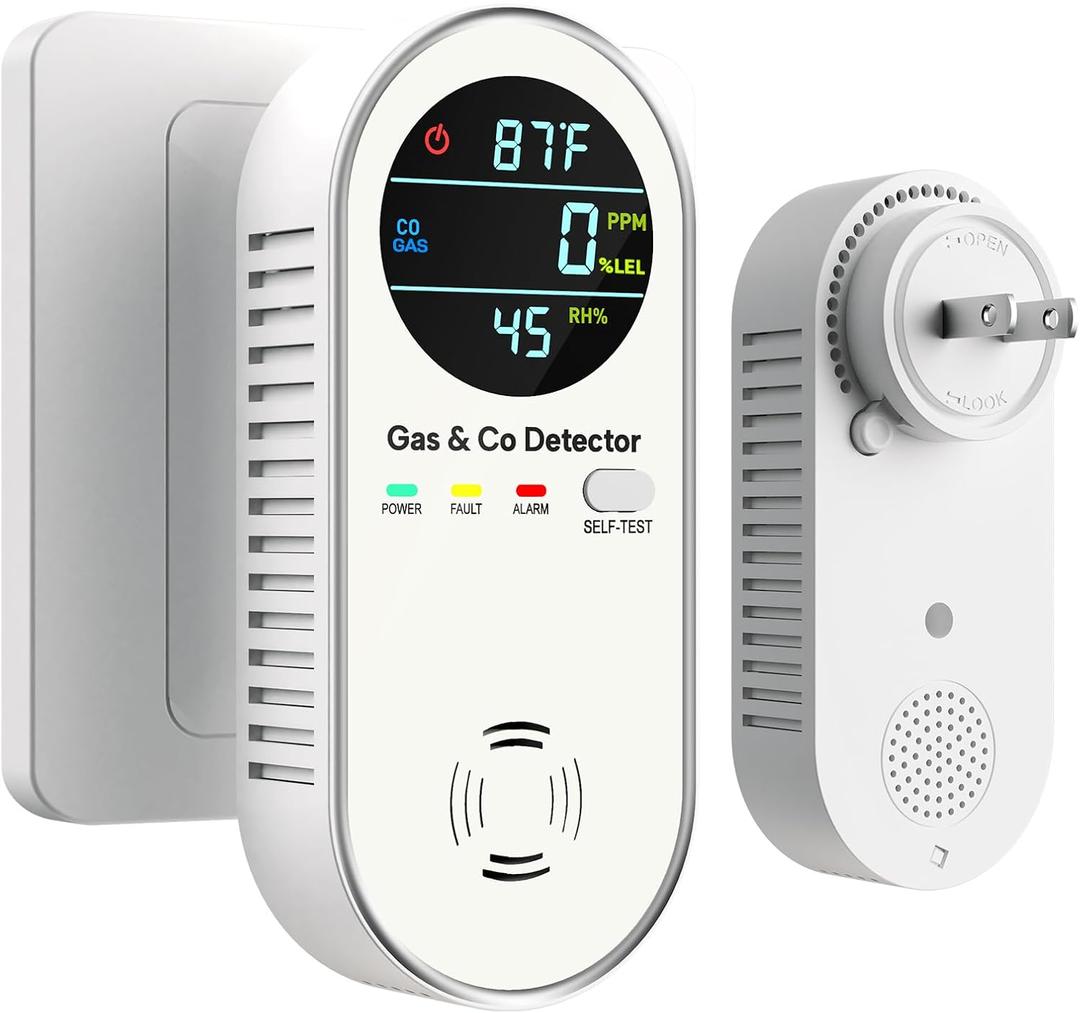 4-in-1 Natural Gas Leak Detector & Carbon Monoxide Detectors - Carbon Monoxide Detectors Plug in - Natural, Propane, Co & Gas Detector, Temperature & Humidity Detectors for Home, RV