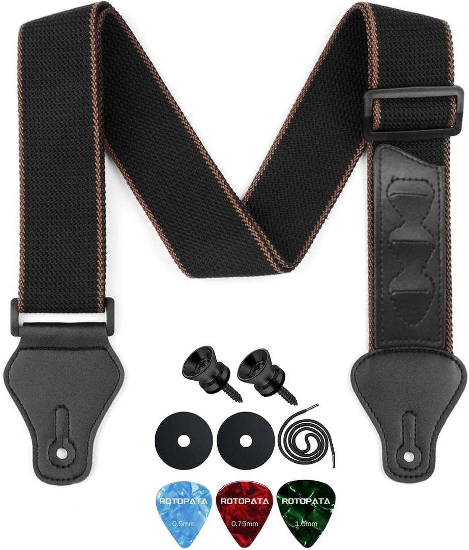 ROTOPATA Guitar Strap, Adjustable Cotton Guitar Straps with Leather Holder Ends, 2 Strap Buttons 2 Locks 3 Guitar Picks, Guitar Accessories for Bass, Electric & Acoustic Guitars