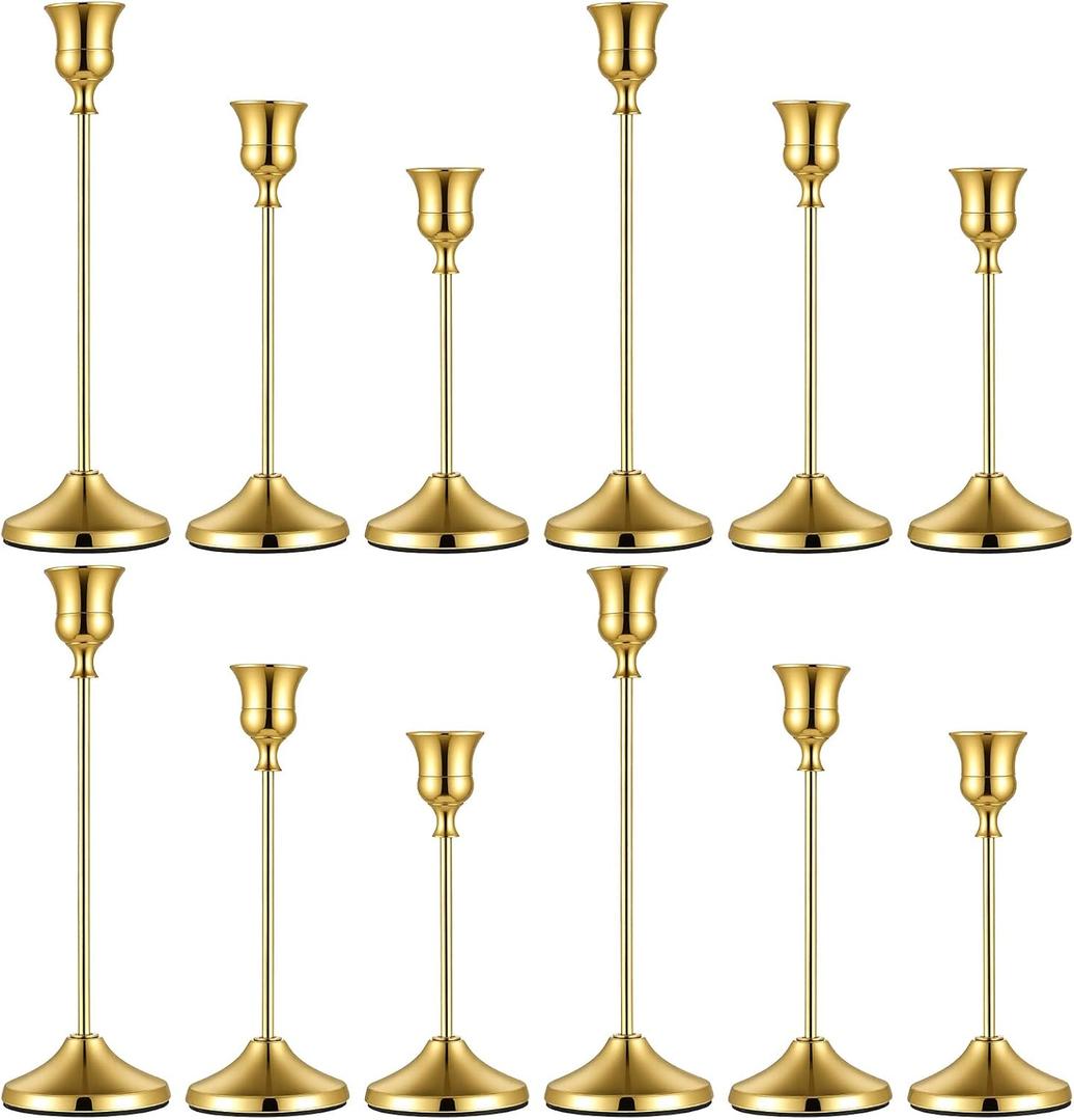 12 PCS Gold Metal Taper Candle Holders, Candlestick Holders, 7cm Diameter Taper Candle Holder Bulk for Table Centerpieces Candlesticks for Wedding Christmas Home Party Table Decor-23/19/16cm