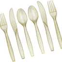 Prestee 180 Gold Glitter Plastic Silverware Cutlery Set - Gold Plastic Silverware Disposable Flatware with 60 Forks, 60 Spoons, 60 Knives - Suitable for Parties, Fancy Party Utensils