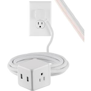 Cordinate Cube Extension Cord, 10Ft, 3-Outlet Flat Plug Extension Cord, Cube Extension Cord with Multiple Outlets, 3 Prong Cube Extension Cord, 2 USB Ports Braided Extension Cord, Gray/White, 55356