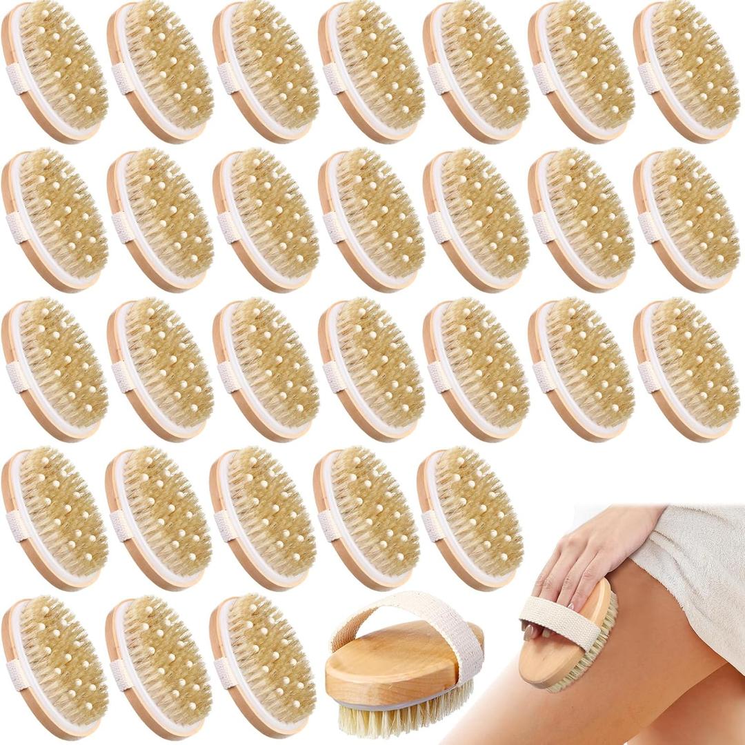 Gejoy 30 Pcs Dry Brushing Body Brush for Lymphatic Drainage Exfoliating Brush with Massage Nodule Dry Skin Body Scrubber Cellulite Shower Circulation Dead Exfoliator (4.92 x 2.56 Inches,Wood Color)