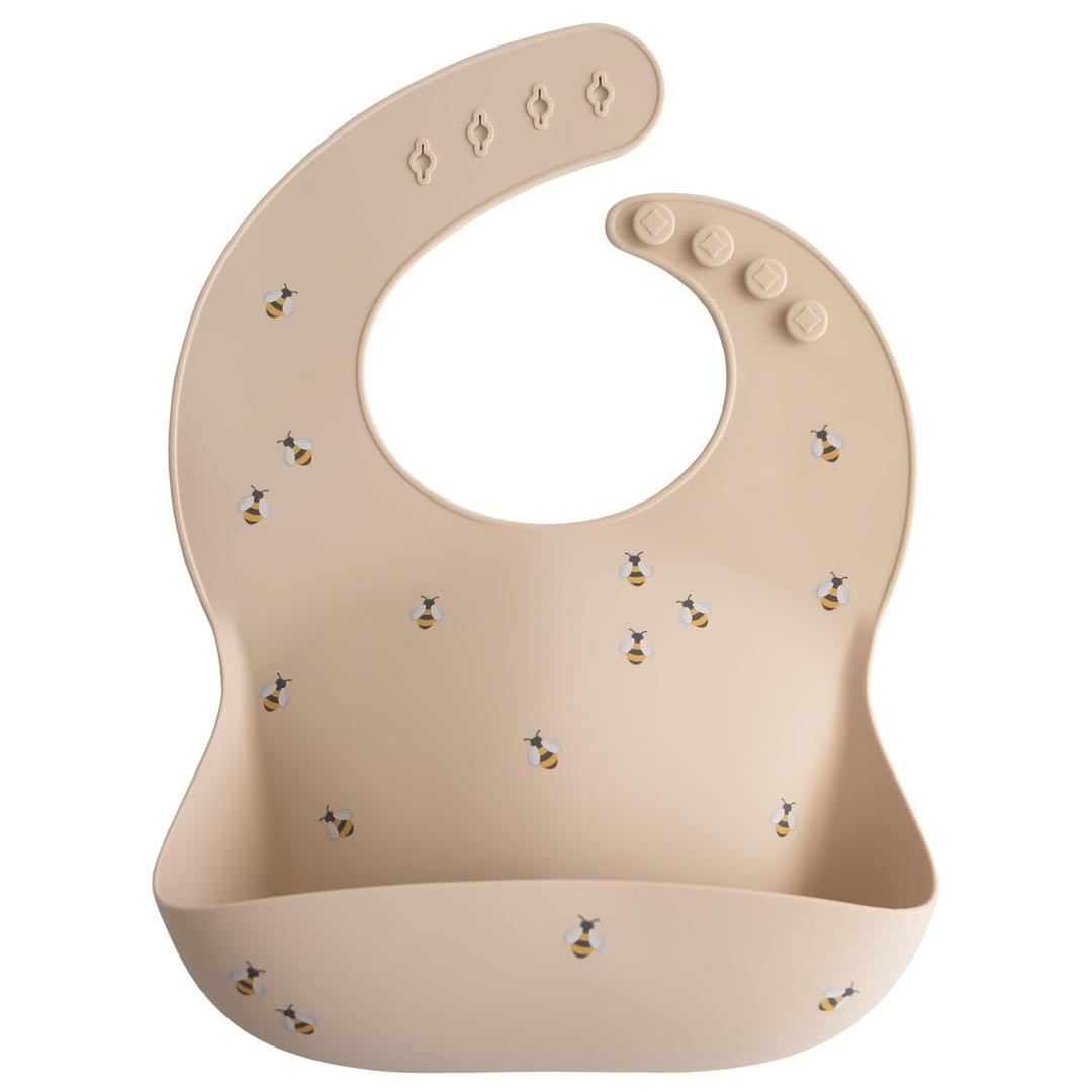 Mushie Silicone Baby Bib | Adjustable Fit Waterproof Bibs (Bees)