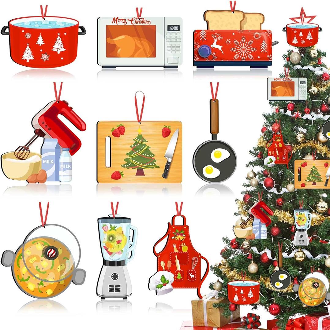 27 Pieces Wooden Christmas Cooking Ornament Kitchen Tree Ornaments Chef Bakers Apron Ornament Food Hanging Ornament for Kitchen Themed Xmas Tree Holiday Decoration