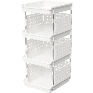 Lifewit Plastic Stackable Storage Baskets, 4 Tier Stacking Bins for Food and Clothes, Multifunctional Organizer for RV, Kitchen, Playroom, Pantry and Bathroom, 13.8"D x 11.8"W x 28.3"H, 1 Pack, White