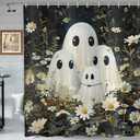 deFouliao Halloween Shower Curtain Flower with Ghost Family Cute Funny Bathroom Curtain Sets for Halloween Themed Bath Home Decor, Waterproof Fabric Decoration with Hooks 72x72 Inch (Green)