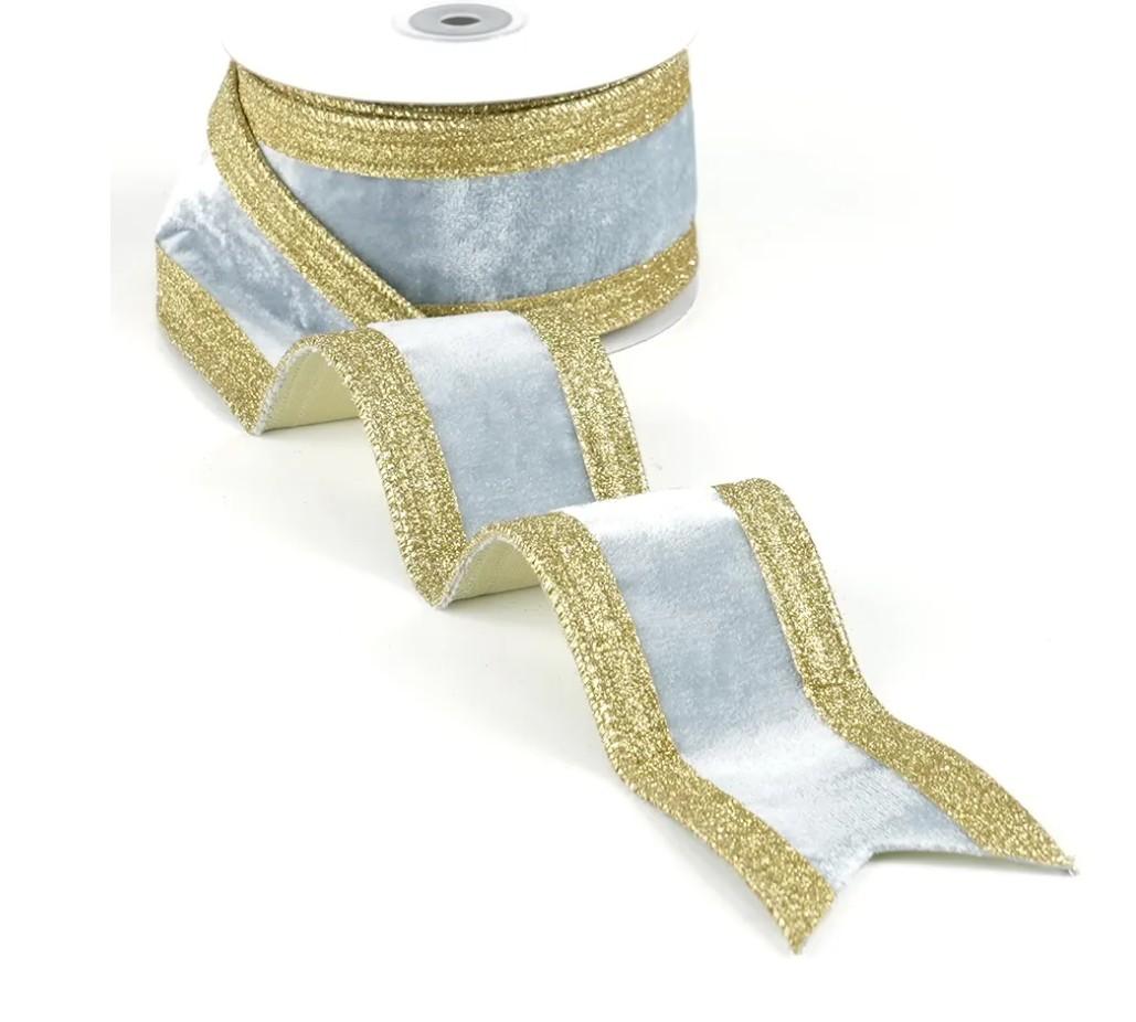 Dusty Blue and Champagne Gold Velvet Wired Ribbon 2.5" X 10 Yards Dusty Blue Velvet with Champagne Gold Glitter Border Stripe Christmas Ribbon for Tree, Wreath Supplies, Garlands Making