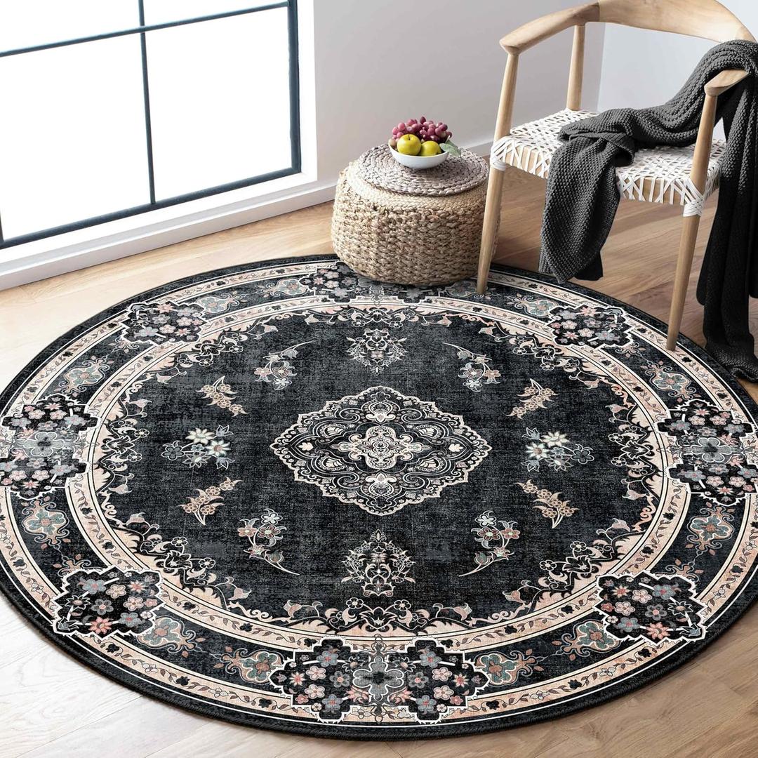 MUJOO Black Round Rug 4ft,Circle Washable Area Rugs for Bedroom Living Room Bathroom,Vintage Bohemian Distressed Farmhouse Non Slip Circular Carpet,Floral