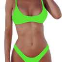 SherryDC Women's Solid Scoop Neck Push Up Padded Brazilian Thong Bikini Swimsuit Bathing Suit (Medium, Lime Green)