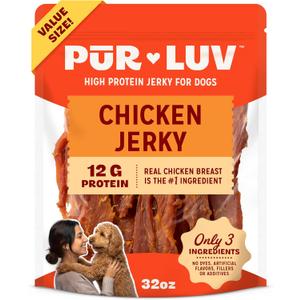 Pur Luv Chicken Jerky Dog Treats, Made with 100% Real Chicken Breast, 32 Ounces, Healthy, Easily Digestible, Long-Lasting, High Protein, Satisfies Dog's Urge to Chew (BBD 06/22/28)