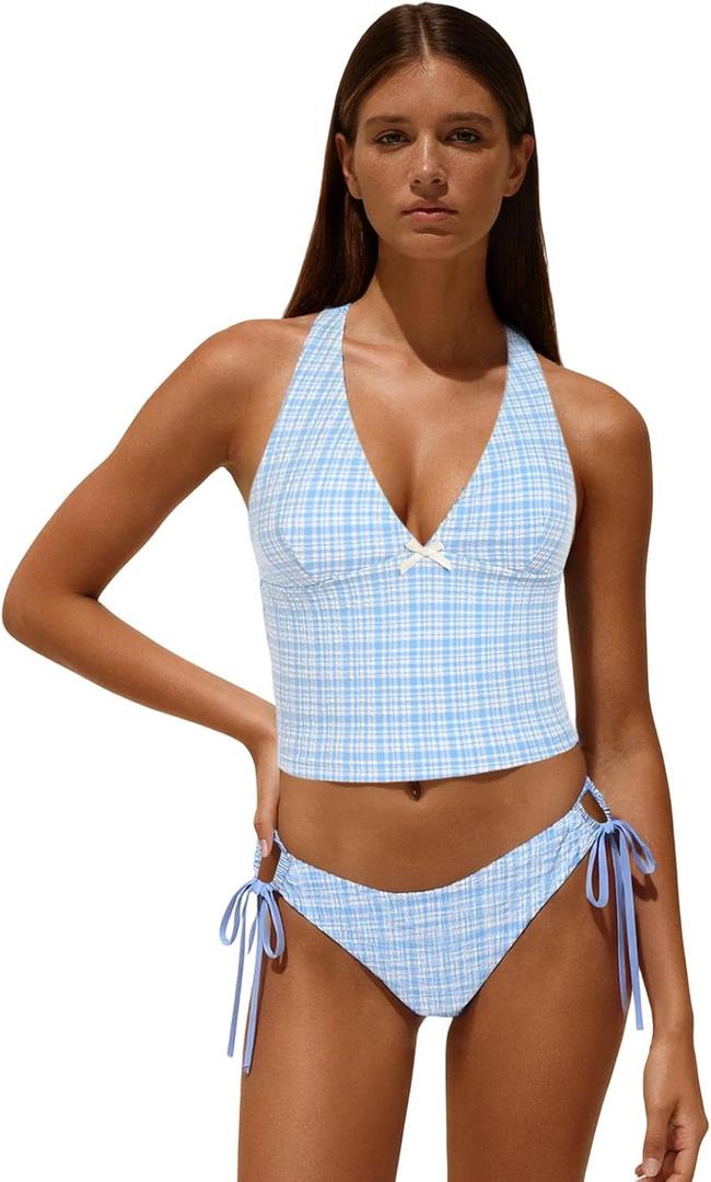 Vintage Gingham Halter Tank Top & Cinched Tie Side Tankini Set (Small, Light Blue)
