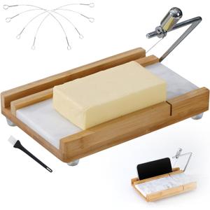 Cheese Slicer Cheese Cutter with 4 Replacement Cutting Wire,Heavy Duty 8.26"x 5.43",Marble Board Cheese Slicer for Block Cheeses, Butter, Sausage,Cakes and More(White Grey)