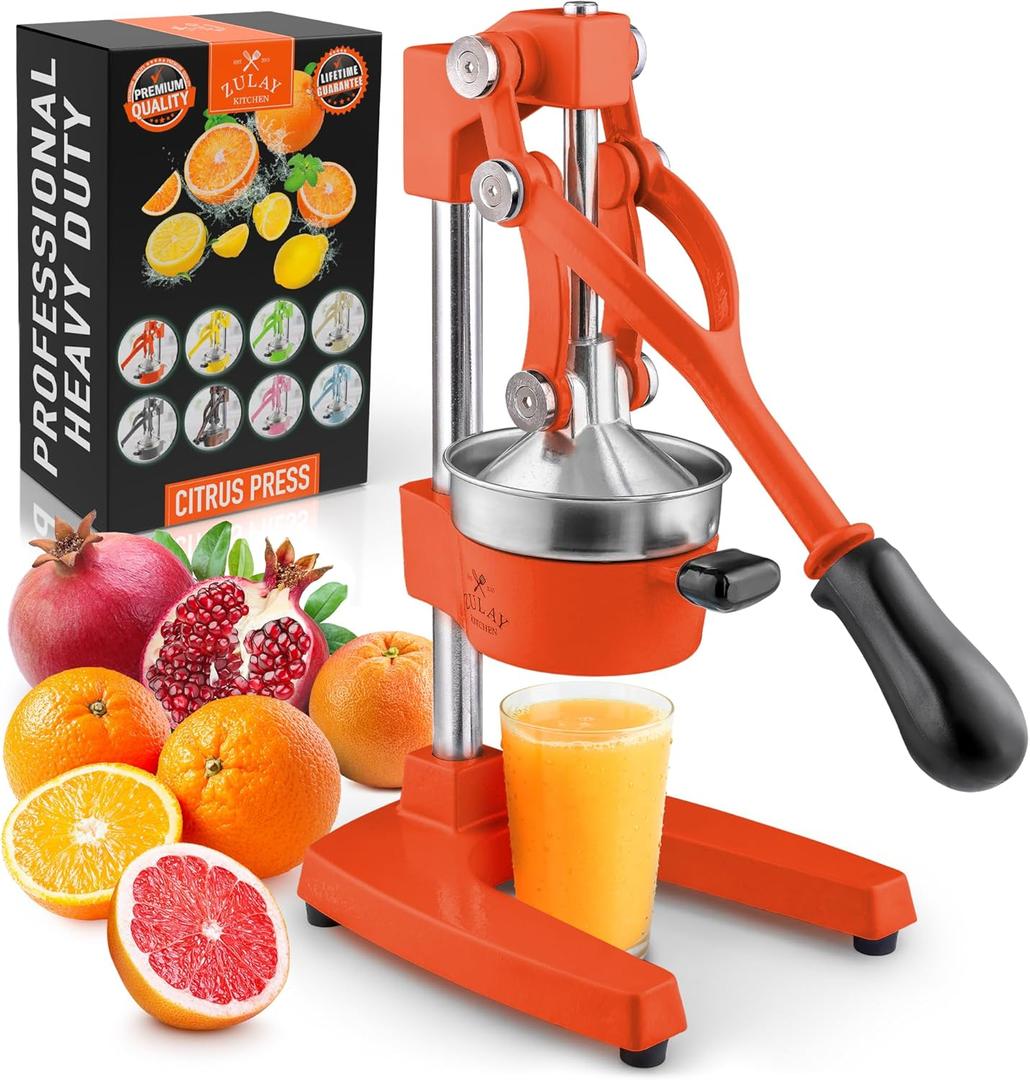 Zulay Kitchen Cast-Iron Orange Juice Squeezer - Heavy-Duty, Easy-to-Clean, Professional Citrus Juicer - Durable Stainless Steel Lemon Squeezer - Sturdy Manual Citrus Press & Orange Squeezer (Orange)