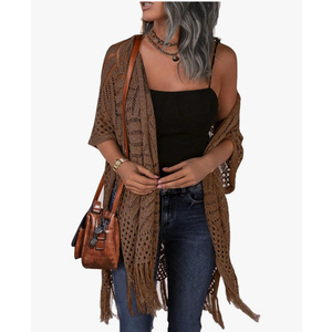 HOTOUCH Womens Knit Cardigan Open Front Outwear Hollow Out Crochet Tassel Lightweight Kimonos Sweater, L, Brown