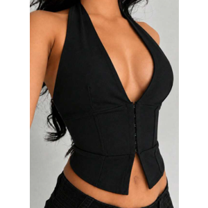 Black halter-neck corset-style top with a deep V-neckline and front hook-and-eye closure, Large