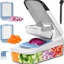 MR.SIGA Vegetable Chopper with Container, 2 in 1 Manual Hand Food Chopper with 2 Stainless Steel Chopping Blades for Potato Strips, Onion Cubers, Carrot Sticks, White & Black