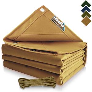 FoundGo Canvas Tarp 4x4 ft Heavy Duty Waterresistant Tarps with Grommets, UV Resistant, 22 Mil Tarpaulin,14 oz Durable Cloth Covers for Car, Roof, Boat, Camp, Canopy, Woodpile with Ropes-Tan