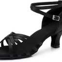 MSMAX Women Latin Dancing Shoes Mid Heel Character Ballroom Dance Shoe for Women Black 7.5 M US Women