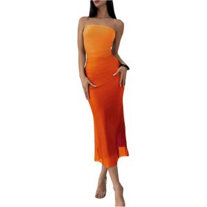 GORGLITTER Women's Mesh Strapless Ruched Bodycon Maxi Dress Wedding Guest Prom Cocktail Summer Y2k Long Tube Dresses (Orange)