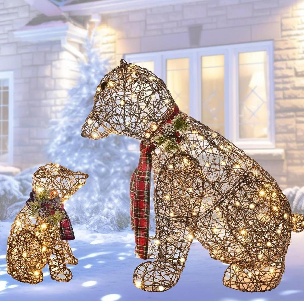 Lighted Rattan Polar Bear Family 2PCS - Large All-Weather Light Up Outdoor Christmas Dcor for Front Yard and Lawn with 140 LED Lights, Zip Ties, Extension Cord, and Ground Stakes