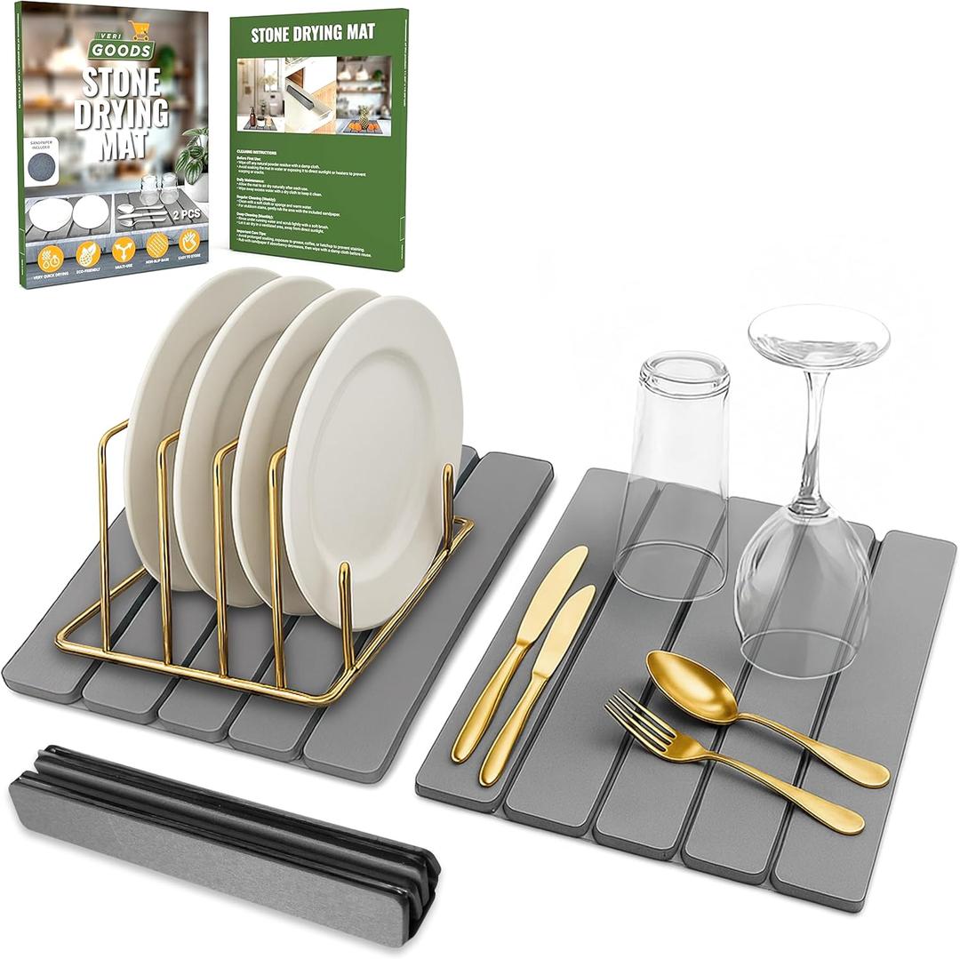 Large Foldable Stone Dish Drying Mat  Diatomaceous Earth, 12"x16" Each or 24"x16" Combined  Fast Dry, Anti-Slip Pad, Sanding Tool & Instruction Manual for Kitchen, Bathroom or RV (2-Pack)