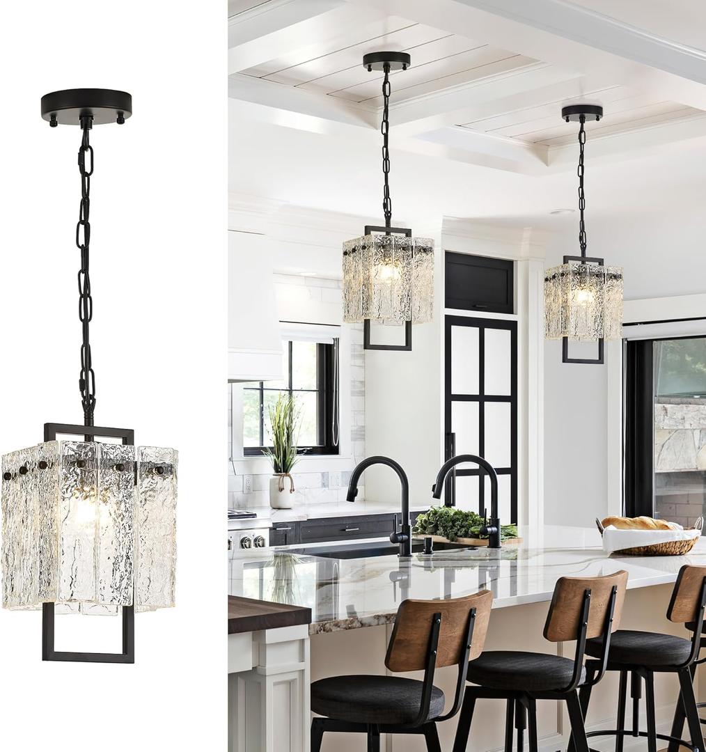 Modern Black Crystal Pendant Light Fixtures for Kitchen Island and Dining Room, Luxury Water Ripple Glass Hanging Chandelier for Bedroom Entryway Living Room Foyer Hallway 1-Pack