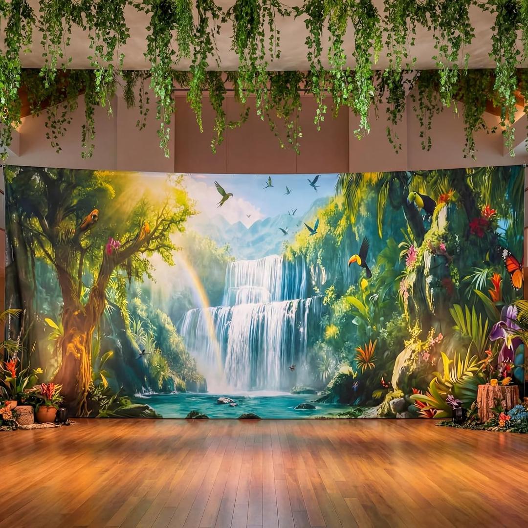 Oudain VBS 2026 Backdrop Decorations Rainforest Falls 9 x 20 ft Super Sized Wall Hanging Background for Students Exploring the Nature of God Photo Prop Banner for Sunday School Vacation Bible School