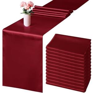 Aneco 12 Pack Satin Table Runner 12 x 108 Inch Burgundy Long Wedding Satin Silk Table Runner for Wedding Banquet Graduations Birthday Party Decoration
