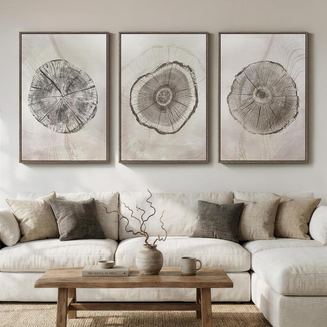 Large Framed Gray Tree Rings Wall Art for Living Room, 3 Piece Neutral Nature Tree Stump Canvas Artwork for walls, Wabi Sabi Wood Grain Prints Paintings for Bedroom Hallway Wall Decor, 24x36 Inchs