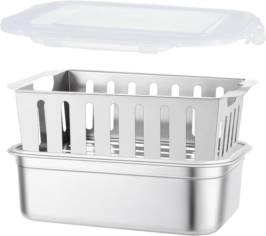 Stainless Steel Food Storage Container with Removable Colander & Lid, Food Meat Vegetable Fruit Bacon Drain Marinating Containers Box Set for Refrigerator, Kitchen, BBQ, Cooking