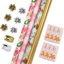 LaRibbons Christmas Wrapping Paper Set, Snowflake & Reindeer & Gingerbread Man Design with Gift Bow & Ribbons & Tags, Perfect for Christmas, Winter Party, 30 Inch X 10 Feet (4Rolls, 100 sq.ft.ttl.)