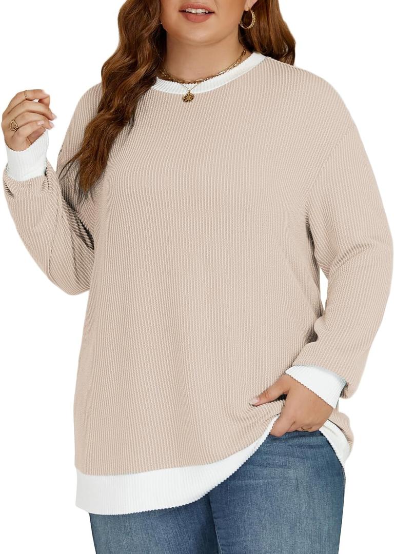 VISLILY Womens-Plus-Size-Tops Trendy Color Block Long Sleeve T Shirts Casual Loose Tunics Cute Knit Crewneck Blouses XL-5XL