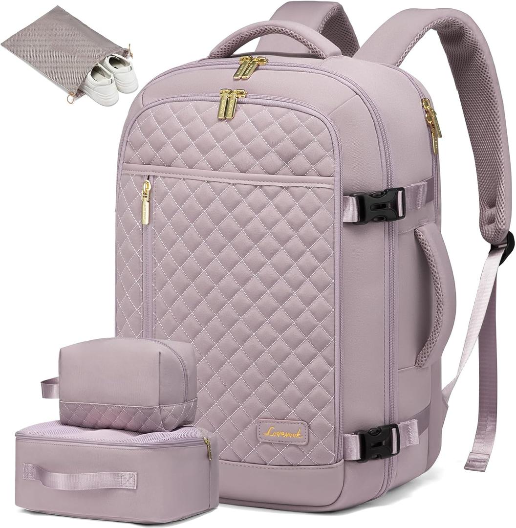 LOVEVOOK Travel Backpack for Women, Carry on Backpack for Airplanes,TSA Personal Item Travel Bag fits 15.6" Laptop,Travel Essentials Carry On Bag Flight Approved with 3 Packing Cubes (Purple)