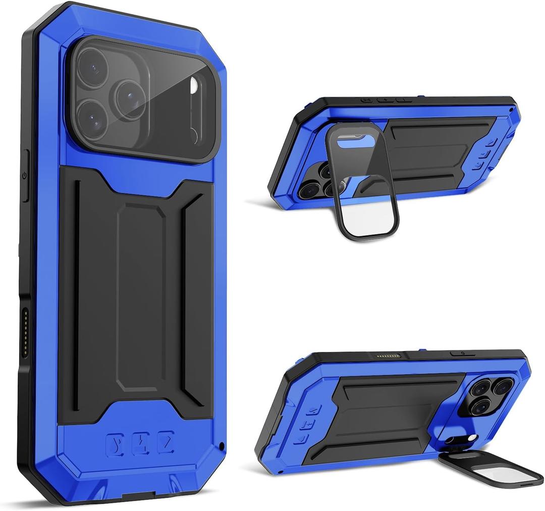 Compatible with iPhone 17 Pro Max Metal Case with Camera Cover Stand Built in Gorilla Glass Full Body Hybrid Military Heavy Duty Armor Silicone Rugged Phone Cover for Man Woman (Blue)