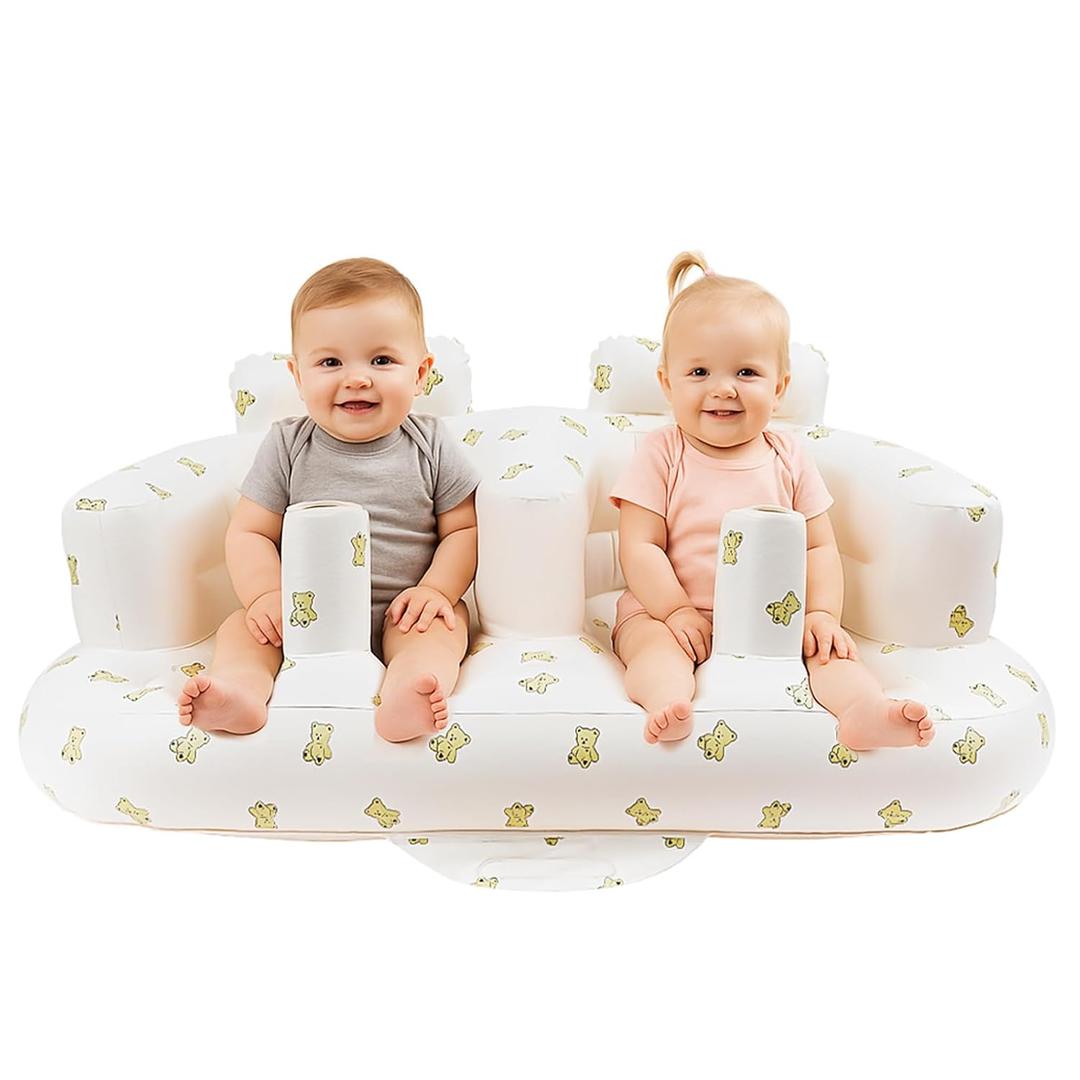 EKEPE Baby Inflatable Seat for Twins Babies 3 Month and Up, Side-by-Side Double Inflatable Floor Chair for Sitting Up with Built in Air Pump, Blow Up Baby Chair for Infants - Twins Bear
