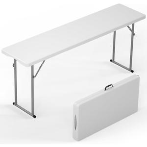 6 ft Narrow Folding Table, Tabletop Fold-in-Half with Handle & Safety Locks | Foldable, Portable, Easy Setup, Thickened HDPE and Metal Frame, for Meeting, Party, Office, White