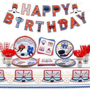 Hockey Party Supplies - Ice Hockey Birthday Party Set Including Plates, Cups, Napkins, Tableware, Tablecloth, Banner for Kid's Hockey Fans Birthday Gameday - Serves 20