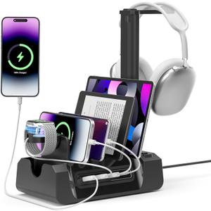 KDD Charging Station for Multiple Devices - 6 in 1 Cellphone Charging Dock with Headphone Stand and Watch Holder - 2 AC&USB A&USB C, Storage Charger Station for Smartphone,Tablets, Apple Watch(Black)