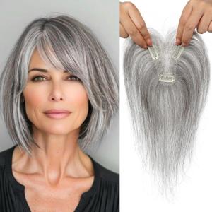 REECHO Hair Toppers for Women Real Human Hair, Seamless Human Hair Toppers with Bangs, 360 3D Cover Clip in Bangs Hair Extensions for Daily Wear, Gray