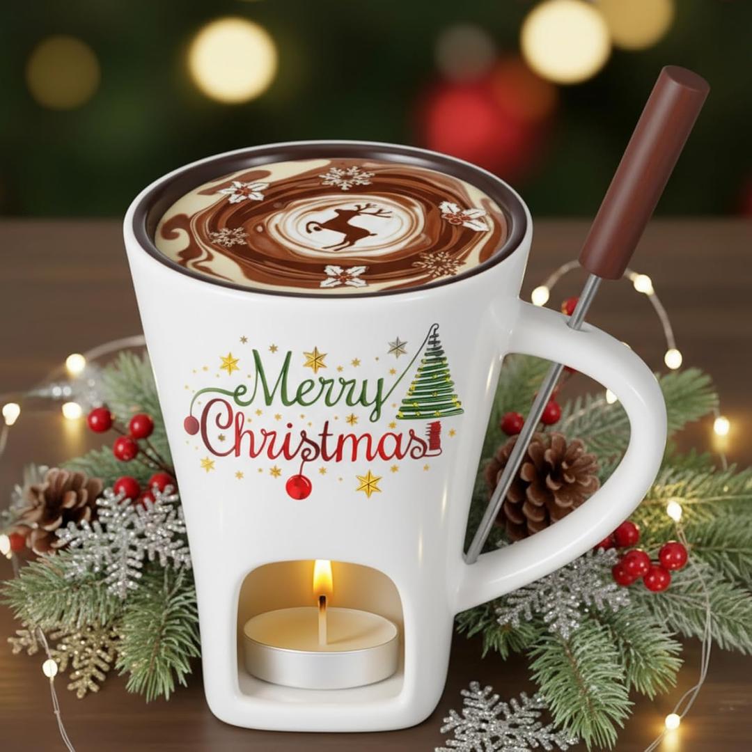 Honeydak Christmas Chocolate Fondue Mug with Fork and 3 Candle Sweet Ceramic Personal Chocolate Melting Cup Ideal Xmas Gifts Birthday Date Night Birthday Wedding Gifts(White,Modern)